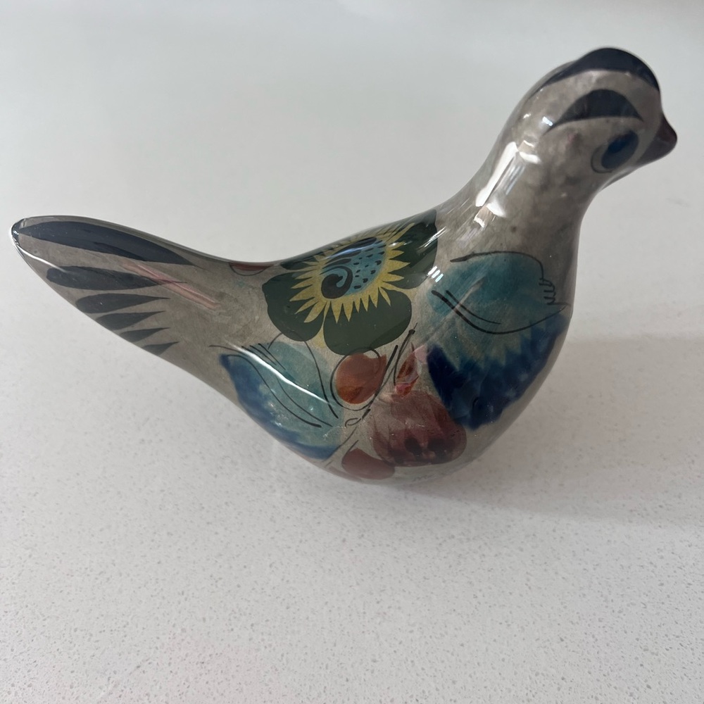 Vintage Mexican Tonala Bird‎ Floral Blue Great Brown Ceramic 5.25”
